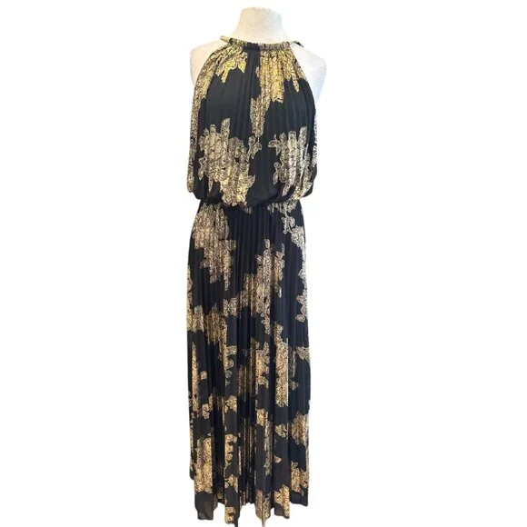 MSK | Dresses | Black Gold Halter Maxi Dress By Msk Womens Size Pleated Skirt Metallic Patt | Poshmark MSK | Dresses | Black Gold Halter Maxi Dress By Msk Womens Size Pleated Skirt Metallic Patt | Poshmark